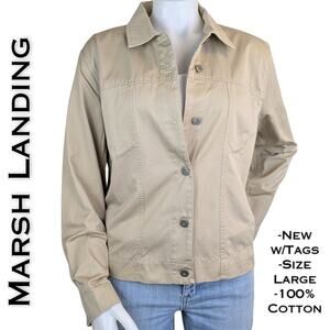 Marsh Landing Utility Jacket Large Khaki Beige Cotton Pockets Adjustable NEW